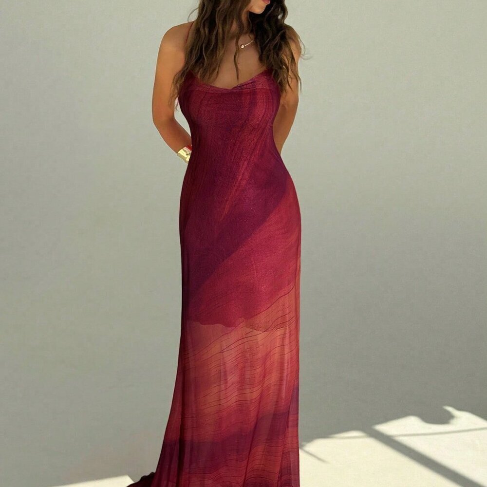 Redwood Ombre Sexy Women's Mesh Print Romantic Backless Maxi Dress - Picture 5 of 7